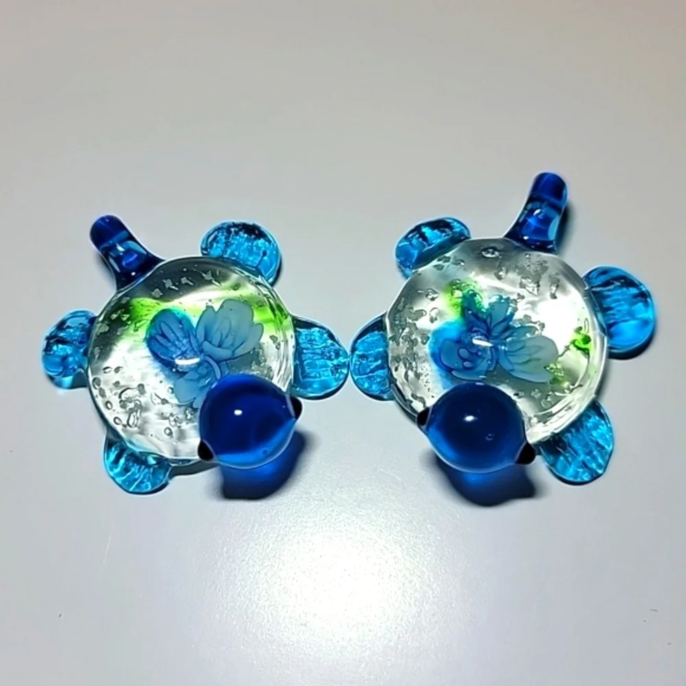 NEW Handcrafted Blown Art Glass Turtle Charm Pendant Floral with Luminous Specks